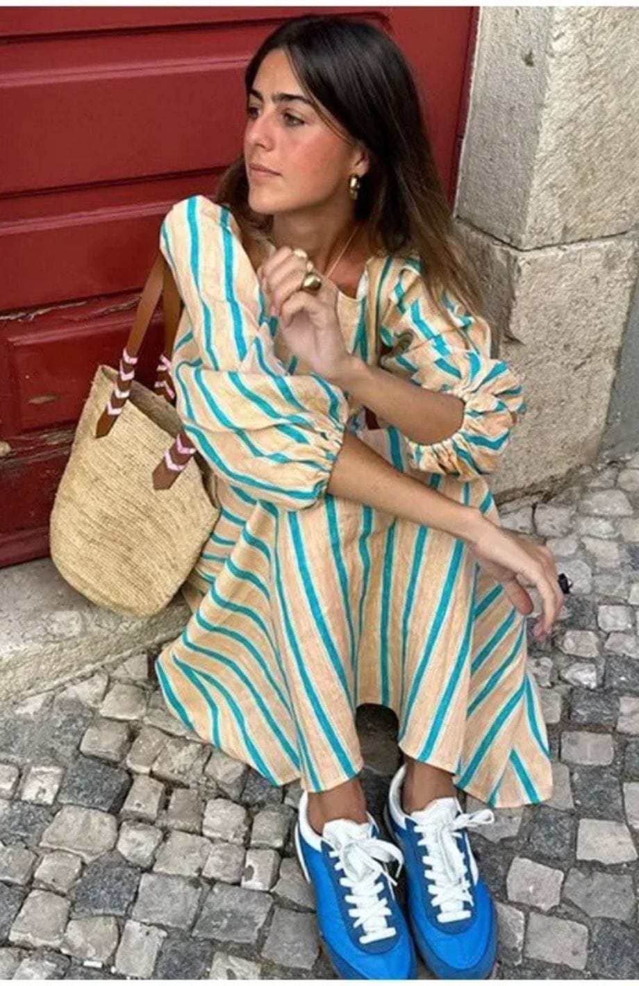 Rosea Elegancka Sukienka Maxi Bez Pleców w Paski